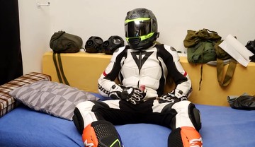 Leather biker cuming in gear